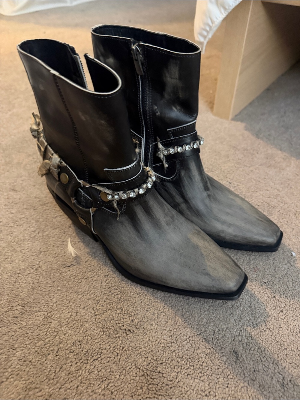 Steve Madden Black and Gray Rhinestone Harness Ankle Boots